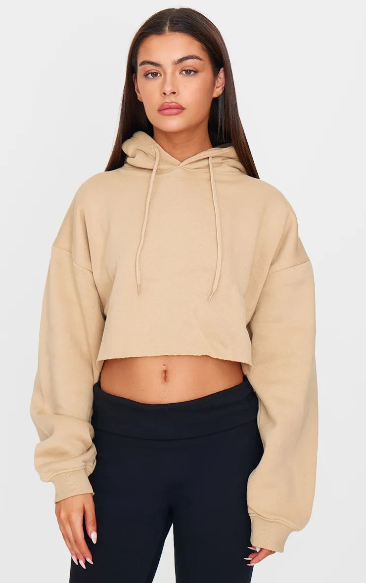 Sand Oversized Fit Cropped Sweat Hoodie Hoodie with Relaxed Fit Easy Casual