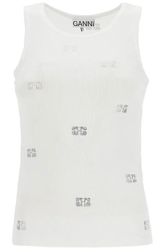 Tank Top With Micro Rhinest  - White cherry red tank
