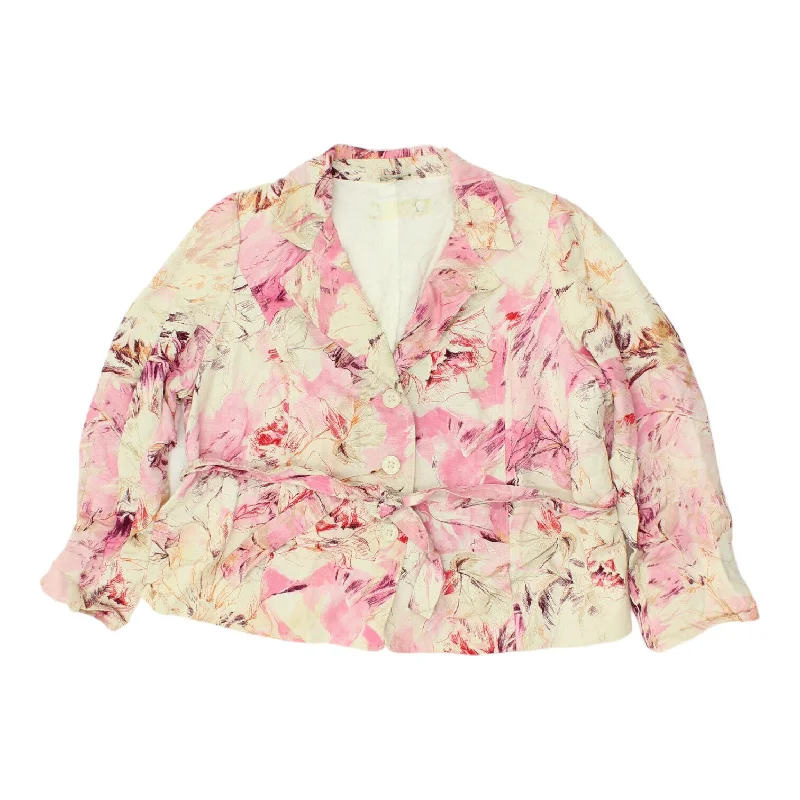 Marina Rinaldi Womens Pink White Floral Belted Blazer Jacket | Vintage Designer Cotton Jacket Linen Jacket Terry Jacket