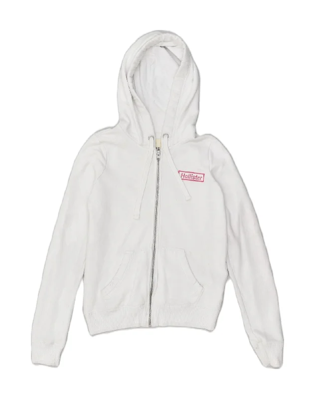 HOLLISTER Womens Zip Hoodie Sweater UK 6 XS White Cotton Sweater Knitwear Pullover