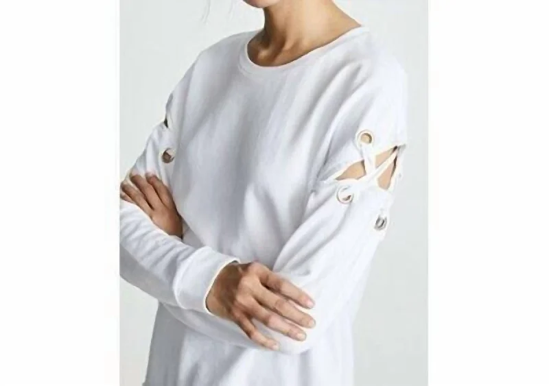 Alice Lace Up Sleeve Cotton Sweatshirt In White Hoodie with Hem Elastic Stretchable Comfortable