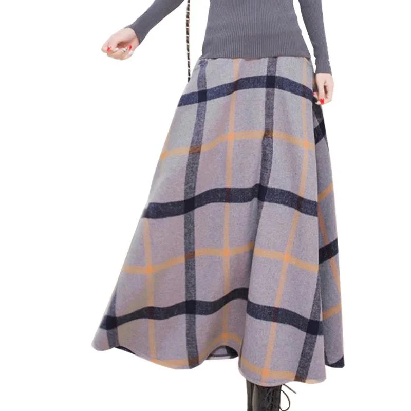 Long Plaid Skirt Women Vintage Thick Plaid Wool Skirts High Waist Big Swing Fashion Maxi Skirts Women Plaid Skirt silk skirt lustrous