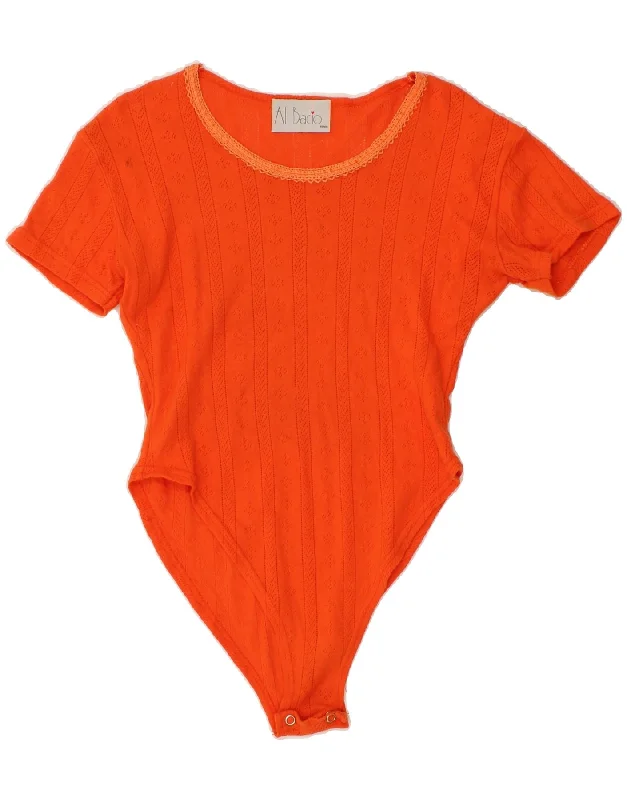 VINTAGE Womens Bodysuit UK 12 Medium Orange Elegant Bodysuit with Bow Detail