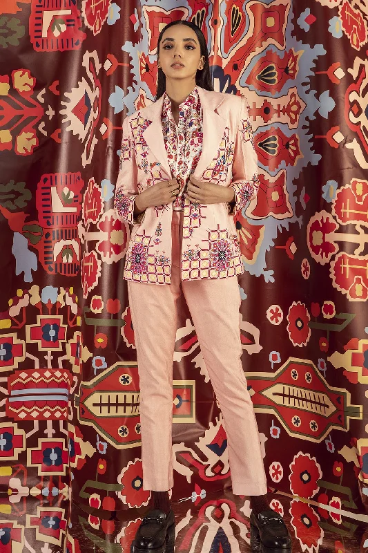 Blush Pink Embroidered Blazer & Pants In Handloom Organic Cotton Silk Set Casual Plaid Pants