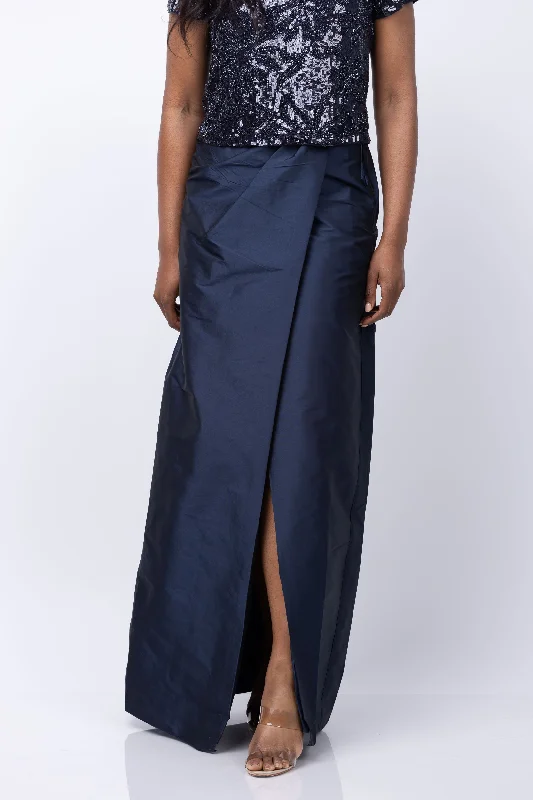 Emily Shalant Taffeta Slim Wrap Skirt in Navy leather skirt bold