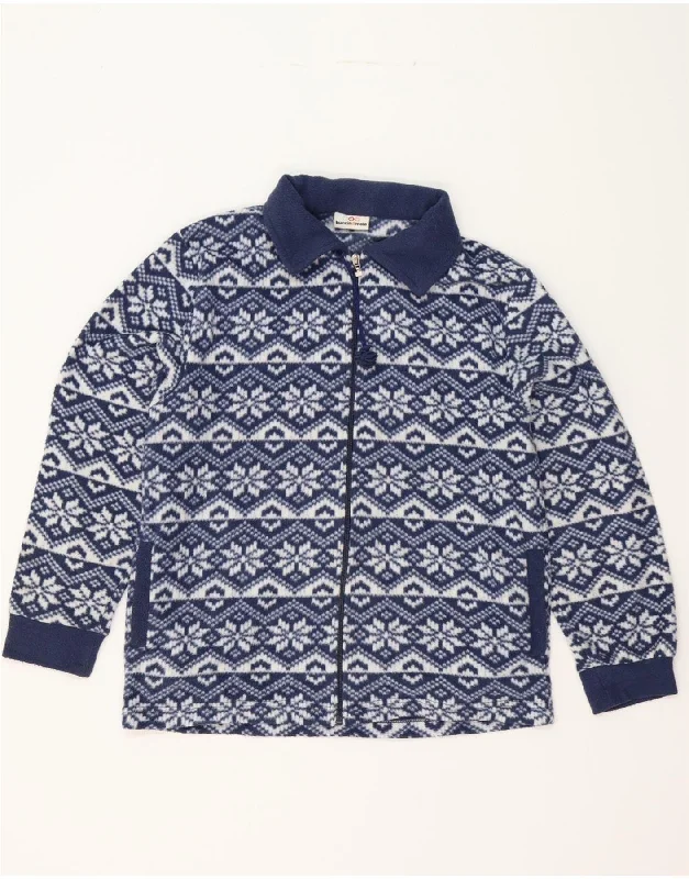 VINTAGE Womens Fleece Jacket UK 14 Medium Navy Blue Fair Isle Polyester Snapped Jacket Toggled Jacket Drawstring Jacket