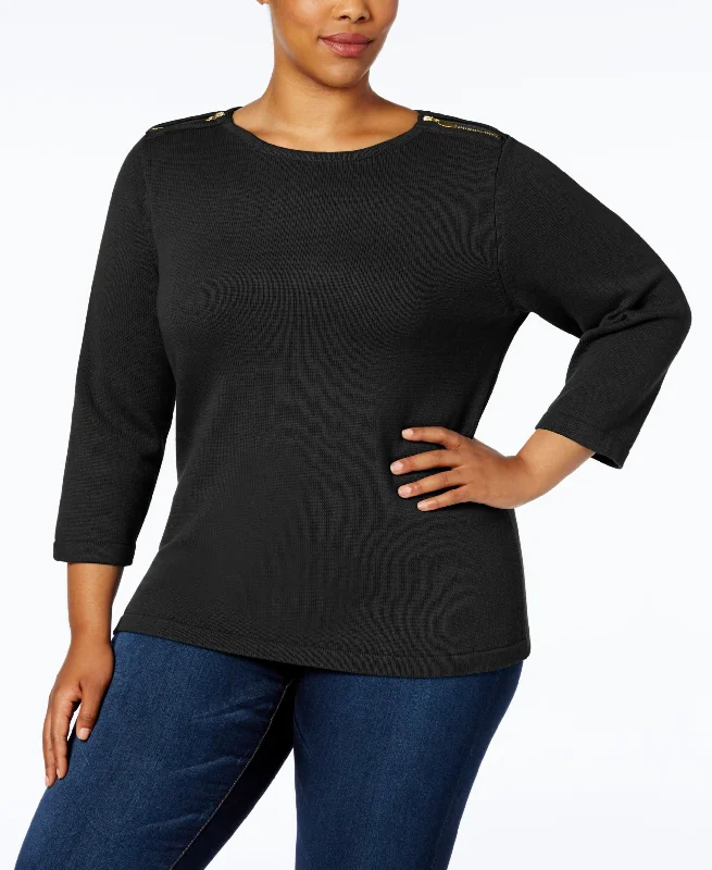 Karen Scott Plus Size Cotton Zip Shoulder Sweater Terry Blend Velvet Blend Canvas Blend