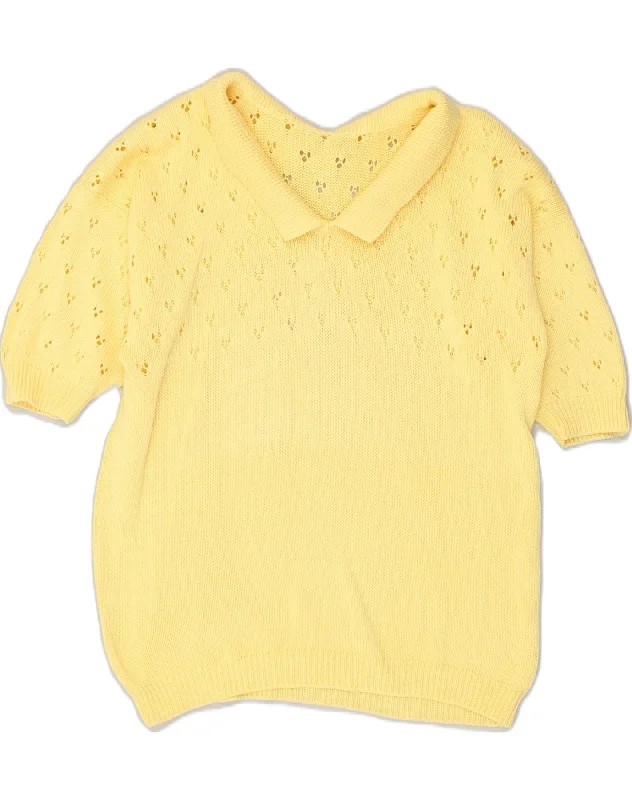 VINTAGE Womens Short Sleeve Polo Neck Jumper Sweater UK 20 2XL Yellow Soft Cozy Warm
