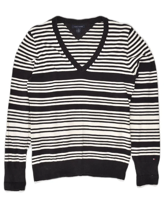 TOMMY HILFIGER Womens V-Neck Jumper Sweater UK 12 Medium Black Striped Chenille Fabric Brocade Fabric Lace Fabric