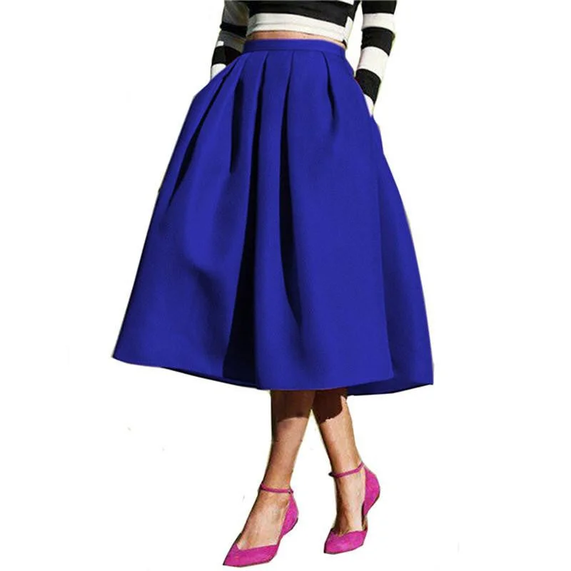 Women's Solid Casual Flare High Waist Pleated Pockets Vintage Midi Skirt corduroy skirt cozy