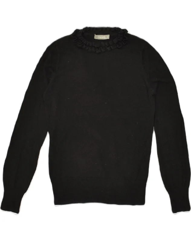 OASIS Womens Ruffle Front Crew Neck Jumper Sweater UK 6 XS Black Cotton Sequined Glittery Shiny
