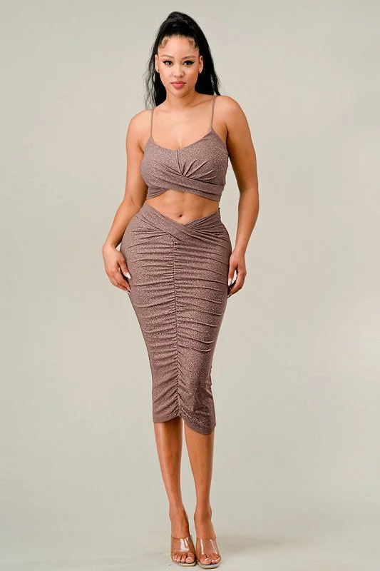 Glitter Twist Crop Tank Midi Skirt Set peekaboo tank top