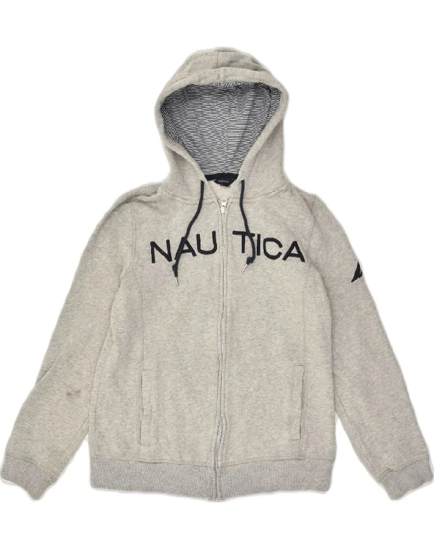 NAUTICA Womens Graphic Zip Hoodie Sweater UK 14 Medium Grey Cotton Solid Color Striped Floral Print