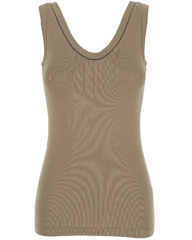 Tan Monili V Neck Jersey Tank sheer tank top