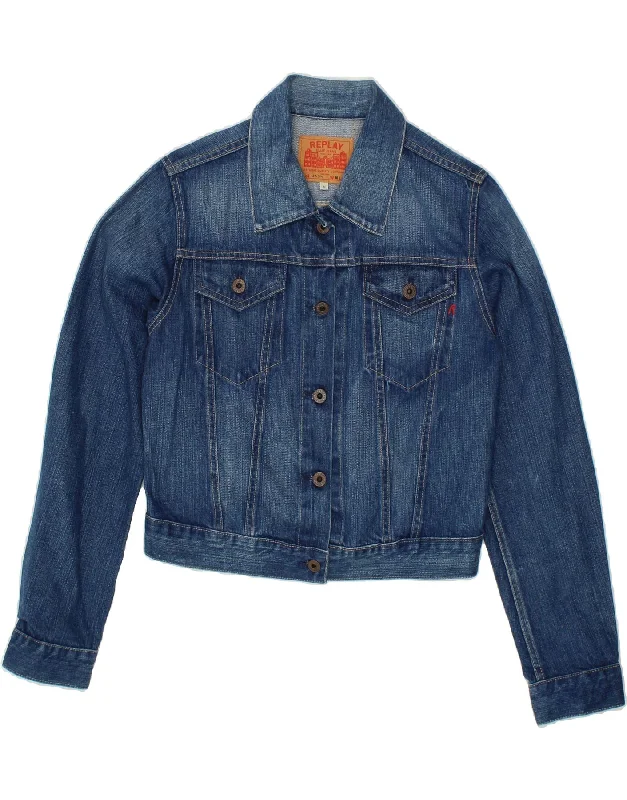REPLAY Womens Crop Denim Jacket UK 12 Medium Blue Cotton Elasticated Jacket Padded Jacket Insulated Jacket