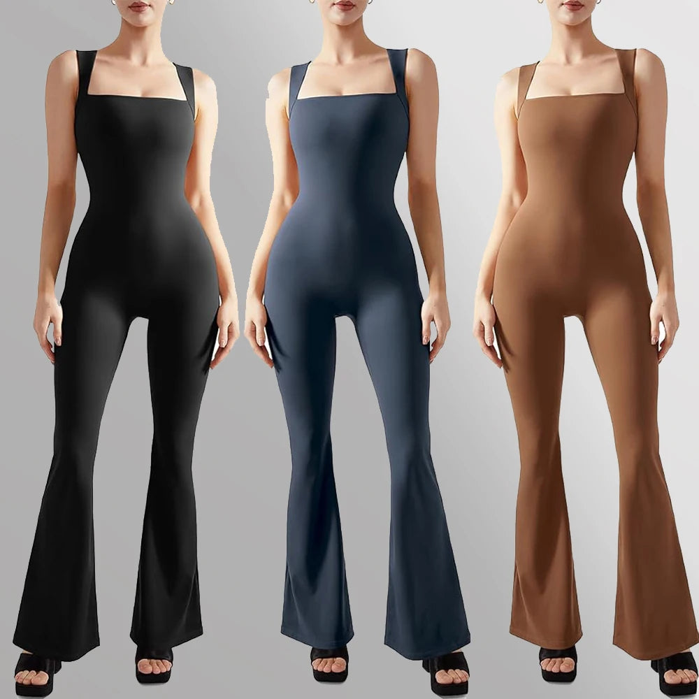 Women's Sleeveless Bodysuit Flared Pants  Square Neck Full Seasons Casual Fitness Playsuit Sleeveless  Streewear Jumpsuits  Lady Elegant Bodysuit with Lace Trim