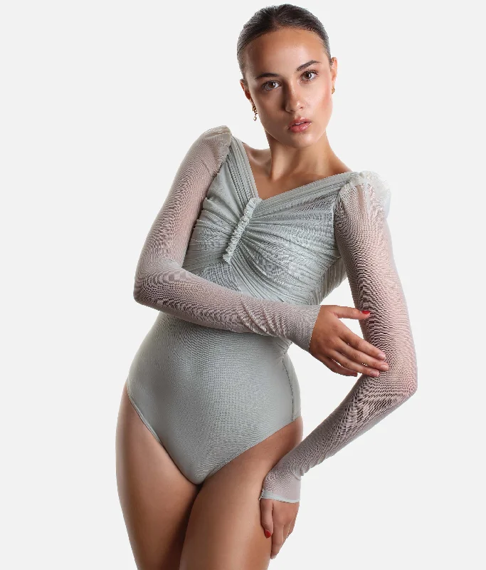 Draped Bodysuit With Long Puff Sleeves - GRES Stylish High-Waisted Bodysuit