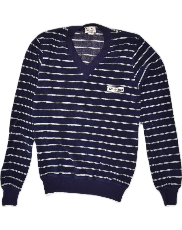 VINTAGE Womens V-Neck Jumper Sweater UK 46 Large Navy Blue Striped Cotton Iron Safe Non-Iron Wrinkle Free