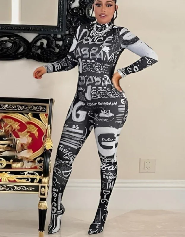 Xiktop Sexy 3D Letter Print Overalls for Women Jumpsuit Women Long Sleeve Hip Lift Bodysuit Fashionable Cropped Bodysuit