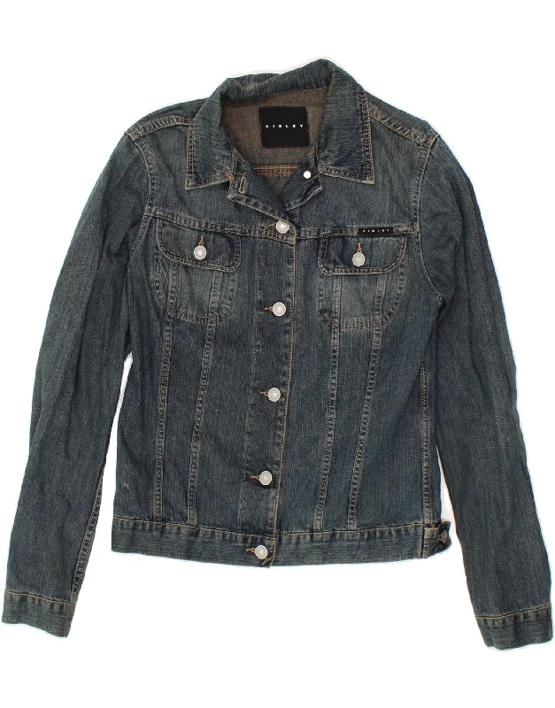 SISLEY Womens Denim Jacket UK 10 Small Navy Blue Cotton Fitted Jacket Loose Jacket Oversized Jacket