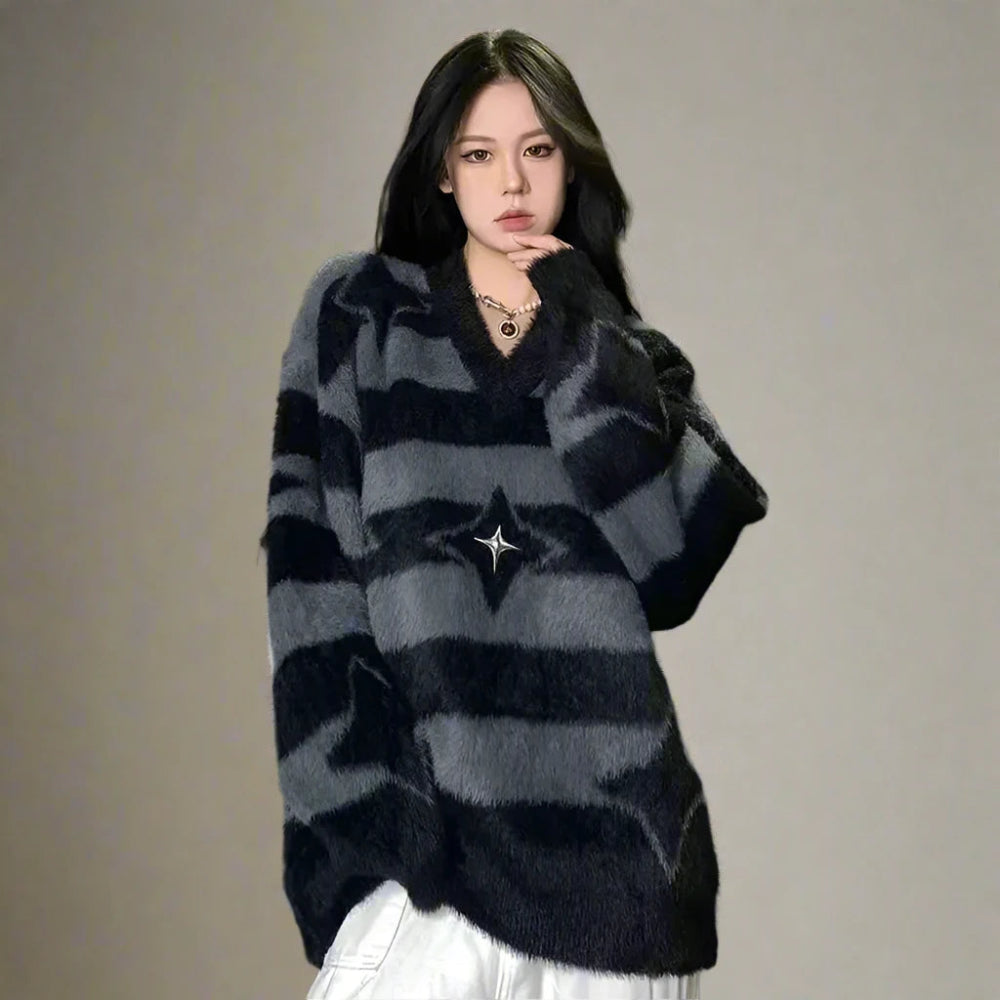 Acubi Fashion Striped Sweater Real Fur Shearling Chenille