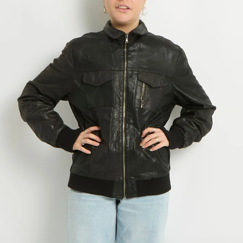 Leather Zip Up Jacket - UK 10 Knit Fabric Woven Fabric Fleece Fabric