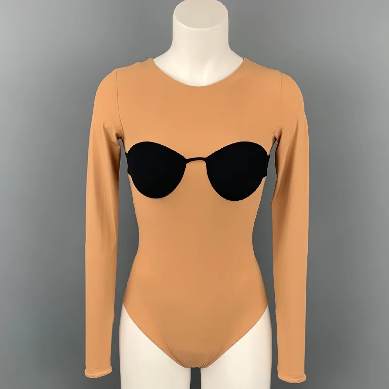 MAISON MARTIN MARGIELA 2007 Size 6 Nude &  Black Nylon Bra Bodysuit Trendy Bodysuit with Frills