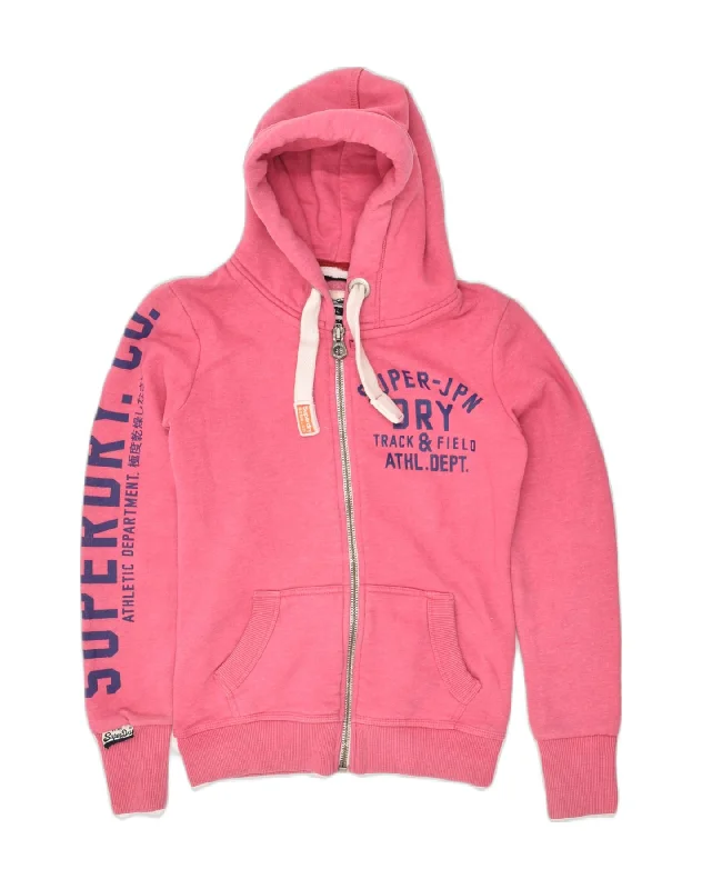 SUPERDRY Womens Graphic Zip Hoodie Sweater UK 6 2XS Pink Cotton Long Sweater Short Sweater Cropped Sweater