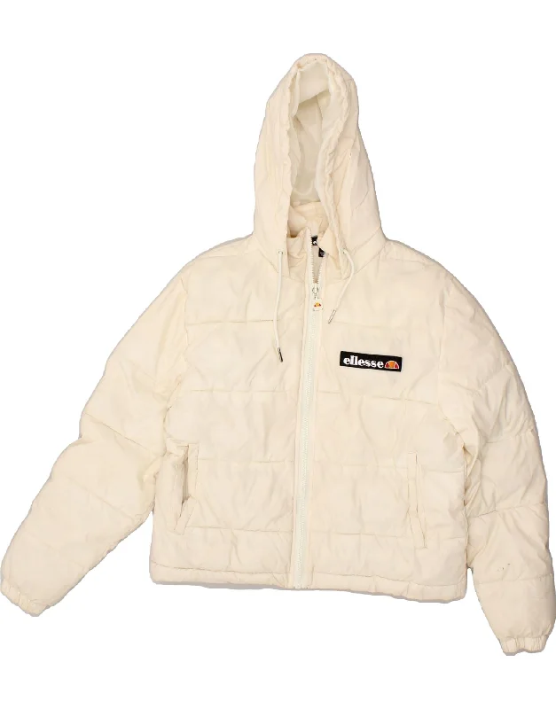ELLESSE Womens Loose Fit Hooded Padded Jacket UK 8 Small Beige Nylon Bomber Jacket Anorak Windbreaker