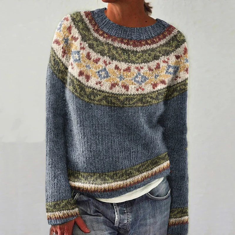 Lia® | Vintage tribal knitted sweater with floral pattern Boat Neck Shawl Collar Notched Collar