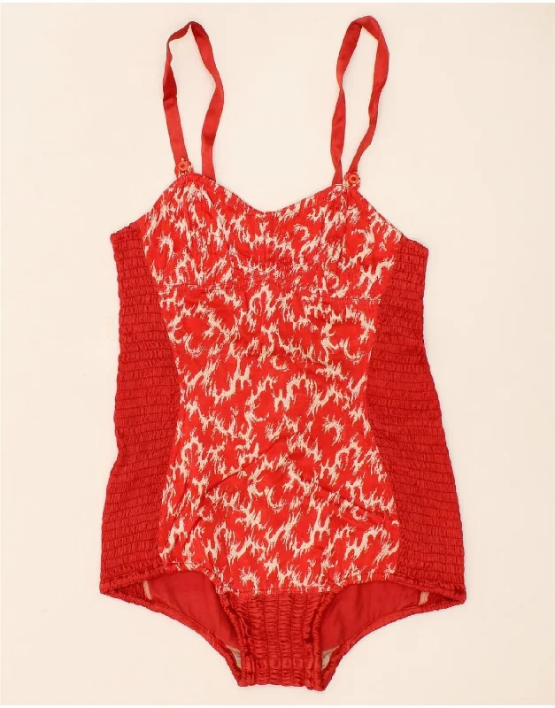 VINTAGE Womens Abstract Pattern Bodysuit IT 40 Small Red Elegant Bodysuit with Lace Trim