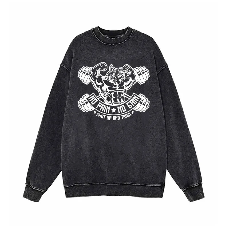 No Pain No Gain Rhino Vintage Washed Sweatshirt Hoodie with Velcro Closure Adjustable Secure
