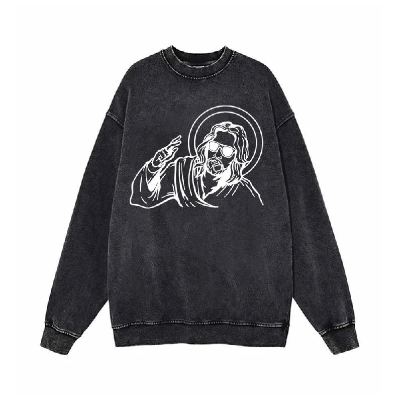 Jesus Wearing Sunglasses Vintage Washed Sweatshirt Hoodie with Bell Sleeves Flared Feminine