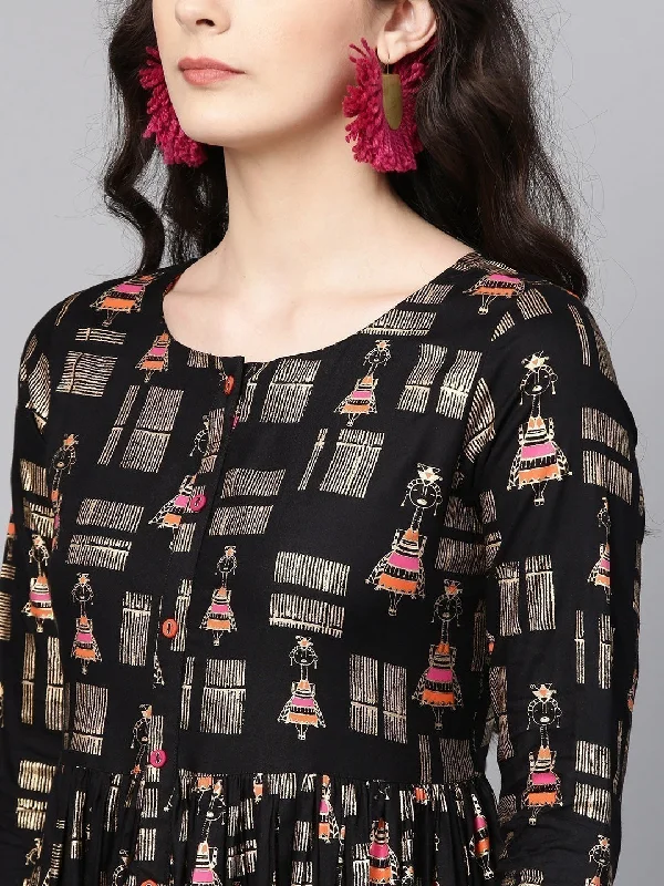Women Black Printed Empire Dress Tunics Designer luxury