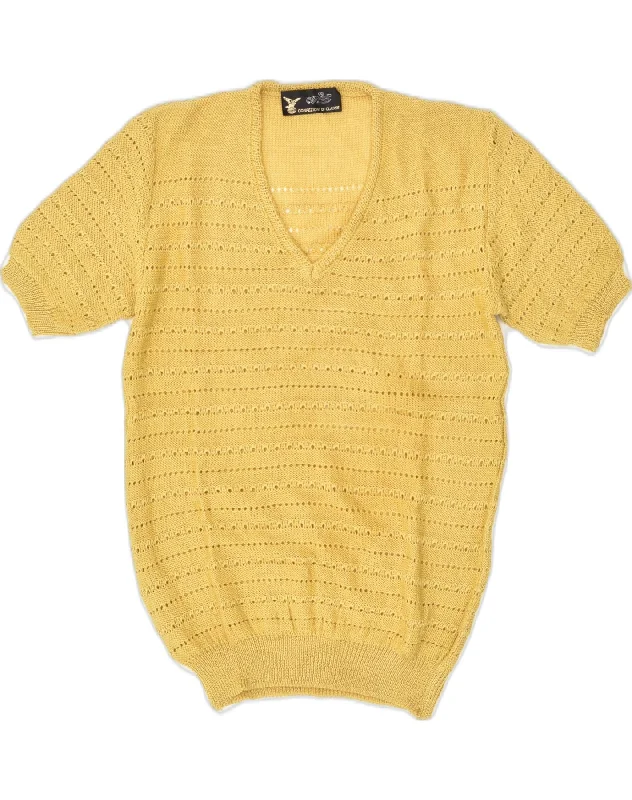 VINTAGE Womens Short Sleeve V-Neck Jumper Sweater UK 12 Medium Yellow Boxy Sweater Fitted Sweater A-Line