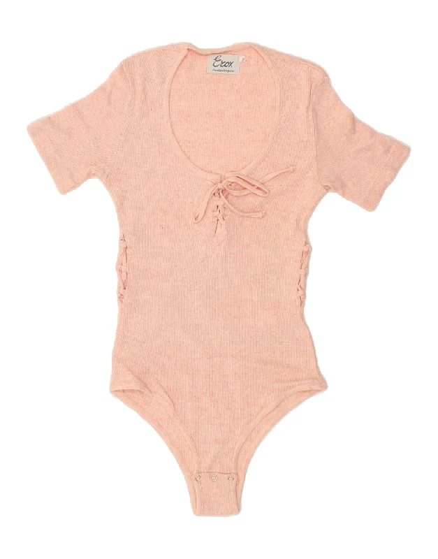 VINTAGE Womens Bodysuit UK 12 Medium Pink Cotton Stylish Bodysuit with Lace Accents