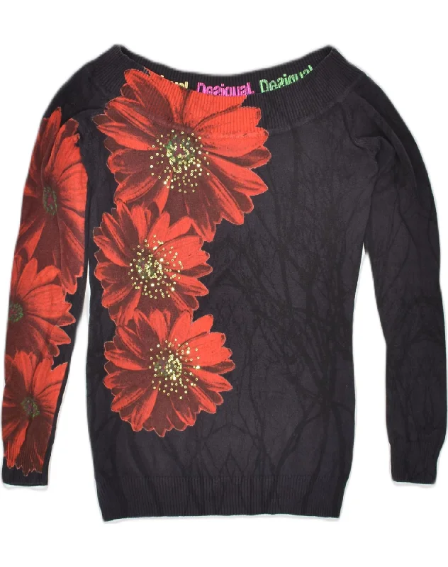 DESIGUAL Womens Graphic Boat Neck Jumper Sweater UK 10 Small Black Floral Fitted Loose Oversized