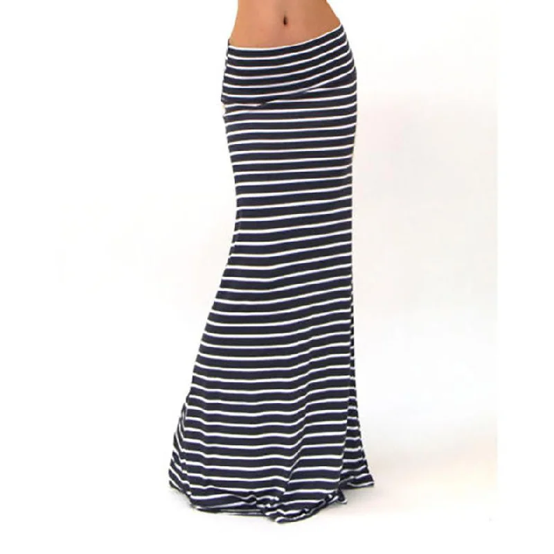 Women Asymmetric High Waist Striped Fold Over Stretch Long Maxi Skirt tops floral skirt print