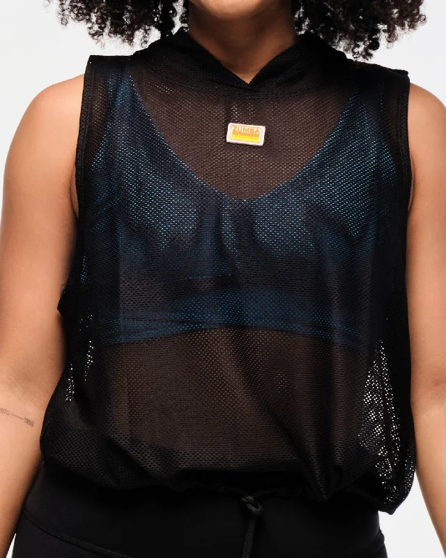 Zumba Explore Sleeveless Mesh Hoodie - Bold Black Hoodie with Hem Contrast Bold Stylish
