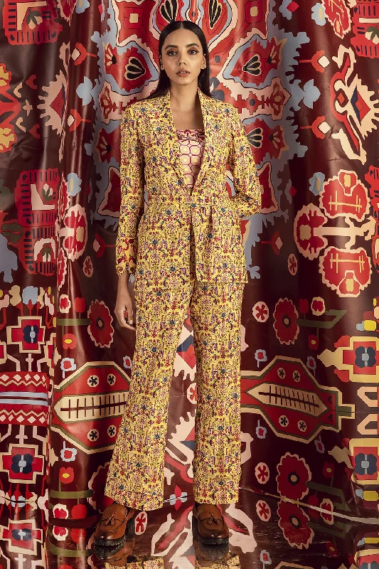 Tabriz Yellow Hand Embroidered Nori Blazer & Pants In Handloom Organic Cotton Silk Chic Black Leggings