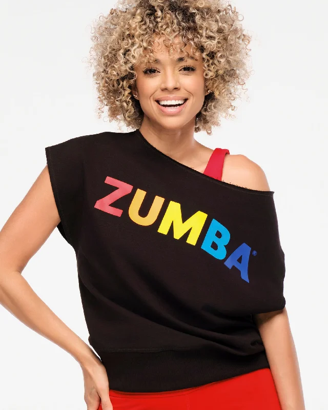 Zumba Explore Off The Shoulder Short Sleeve Sweatshirt - Bold Black Oversized Hoodie Comfort Casual