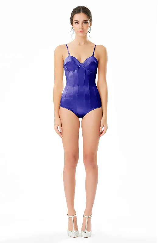 Silk Satin Corseted Bodysuit in Royal Blue Trendy High-Neck Bodysuit