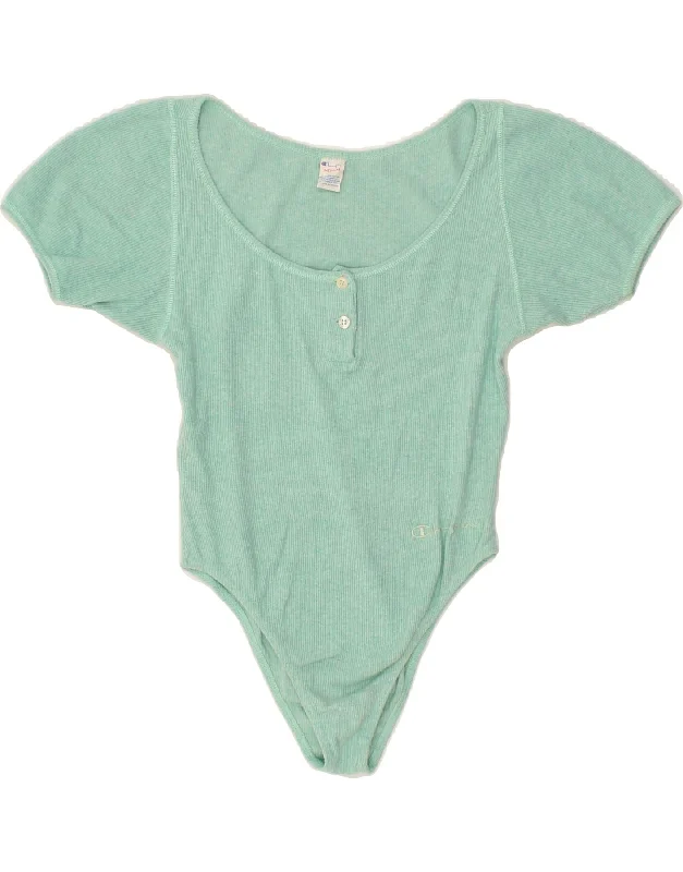 CHAMPION Womens Bodysuit UK 12 Medium Green Cotton Fashionable Bodysuit for Date Night
