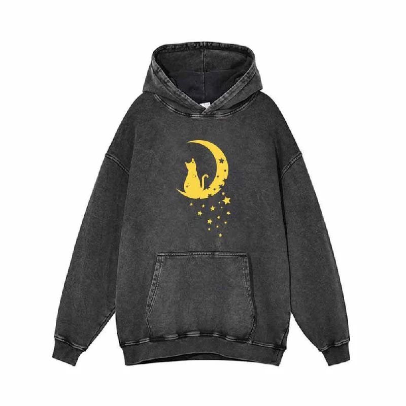 Magical Cat with Moon Star Vintage Washed Hoodie Hoodie with Hem Ribbing Snug Secure