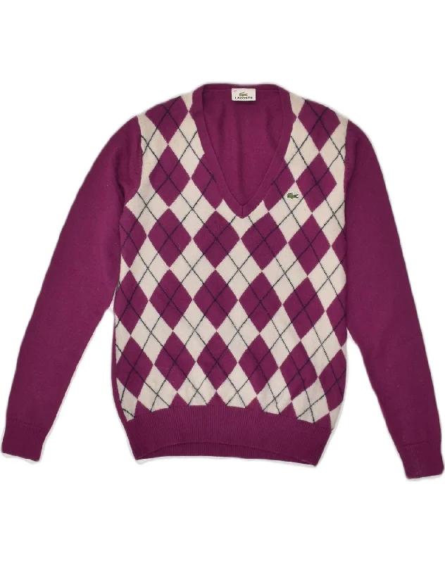 LACOSTE Womens Slim Fit V-Neck Jumper Sweater Size 42 Large Purple Stretchy Elastic Breathable