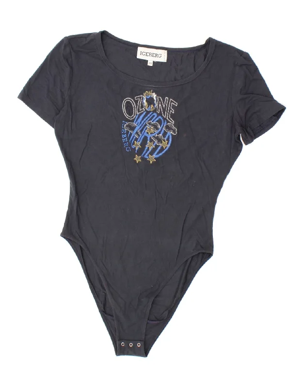 ICEBERG Womens Graphic Bodysuit IT 40 Small Navy Blue Cotton Elegant Bodysuit with Chiffon