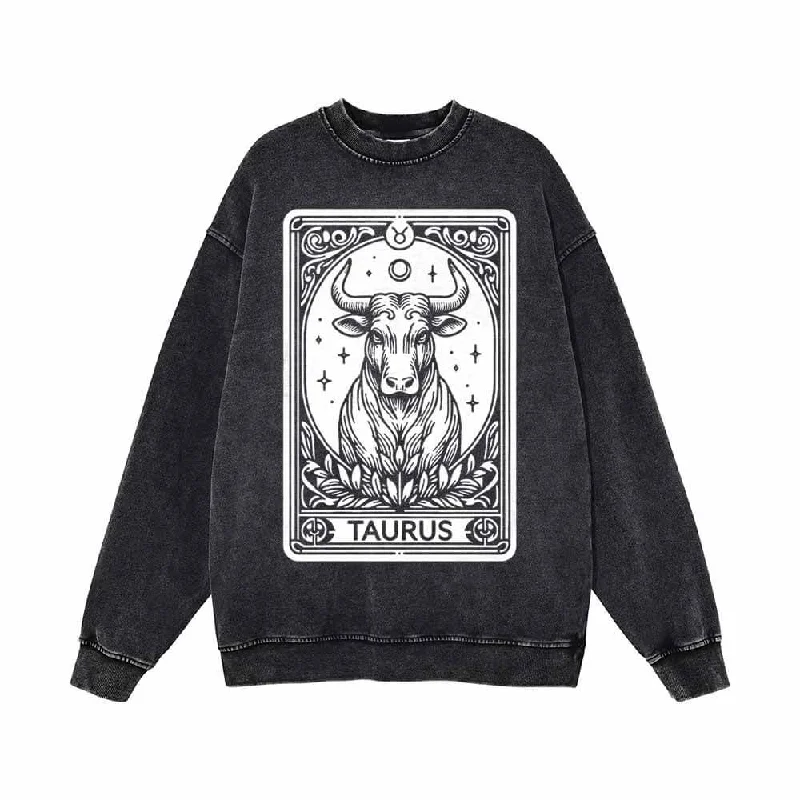 Taurus Tarot Card Horoscope Vintage Washed Sweatshirt Hoodie with Oversized Fit Loose Comfortable