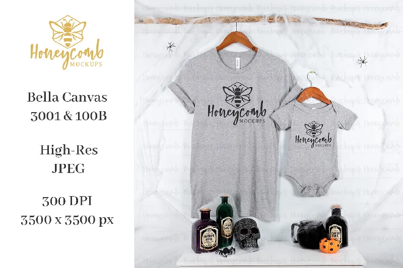 Halloween Mommy and Me Mockup, Mom and Baby Mockup, Bella Canvas 3001 Athletic Heather, 100B Athletic Heather, Baby Bodysuit Mockup, Halloween Mockup, Matching Mockup Comfortable Bodysuit for Sleep