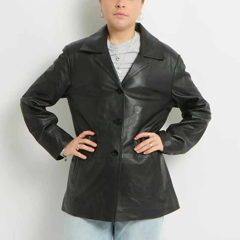 Faux Leather Blazer Jacket - UK 10 Front Pockets Side Pockets Patch Pockets