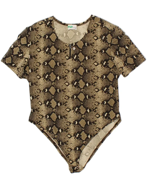 VINTAGE Womens Short Sleeve Bodysuit UK 16 Large Khaki Animal Print Stylish Bodysuit with Faux Fur